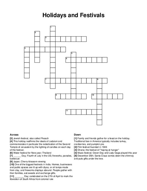 Holidays and Festivals Crossword Puzzle