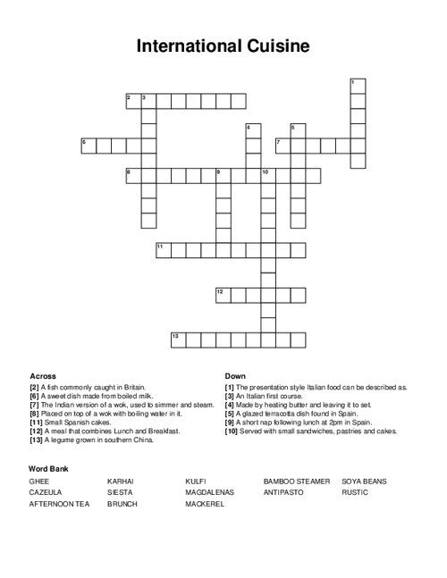 International Cuisine Crossword Puzzle