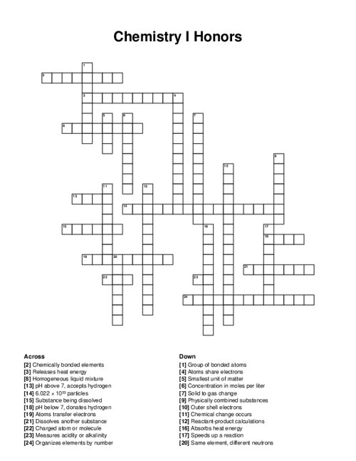 Chemistry I Honors Crossword Puzzle