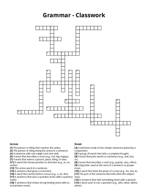 Grammar - Classwork Crossword Puzzle