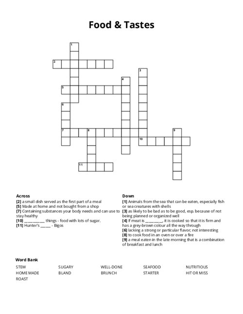 Food & Tastes Crossword Puzzle