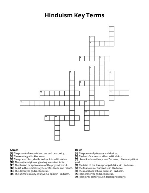 Hinduism Key Terms Crossword Puzzle