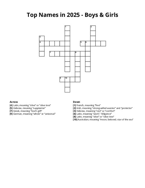 Top Names in 2025 - Boys & Girls Crossword Puzzle