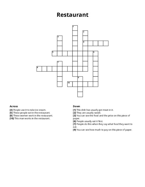 Restaurant Crossword Puzzle