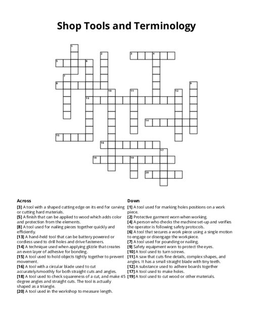 Shop Tools and Terminology Crossword Puzzle