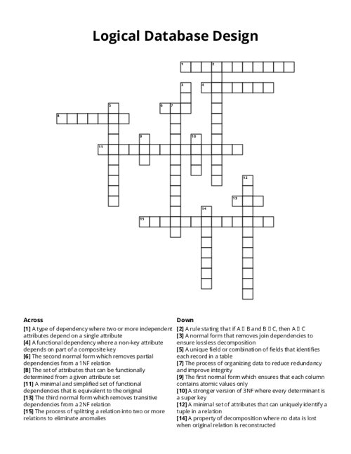 Logical Database Design Crossword Puzzle