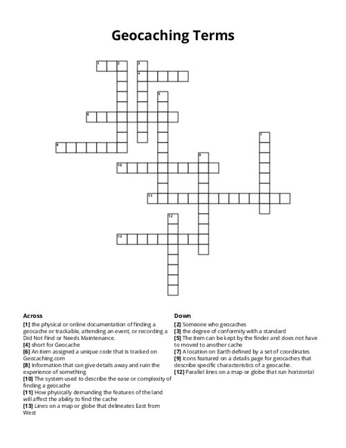 Geocaching Terms Crossword Puzzle