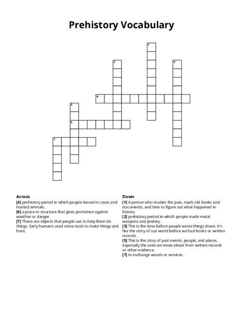 Prehistory Vocabulary Crossword Puzzle