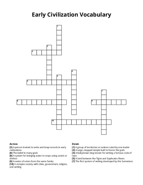 Early Civilization Vocabulary Crossword Puzzle
