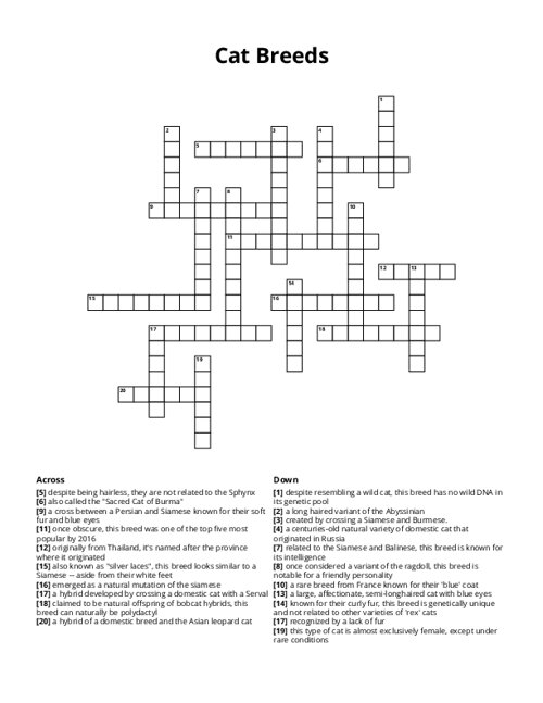 Cat Breeds Crossword Puzzle