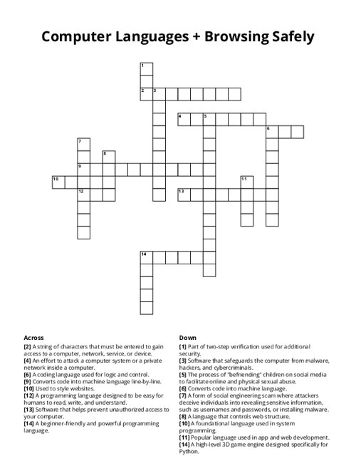Computer Languages + Browsing Safely Crossword Puzzle