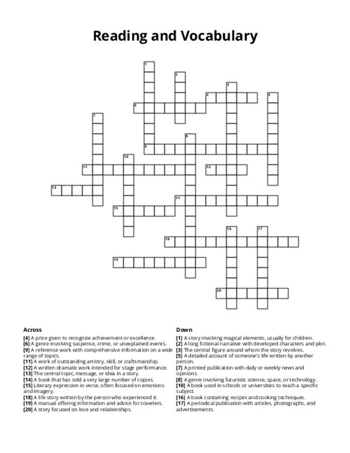 Reading and Vocabulary Crossword Puzzle