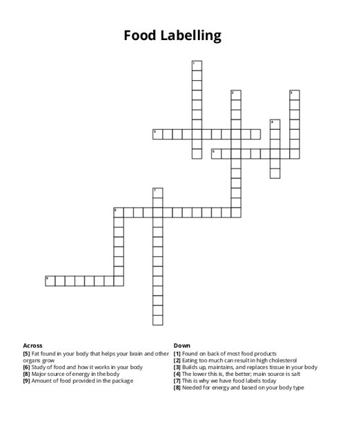 Food Labelling Crossword Puzzle