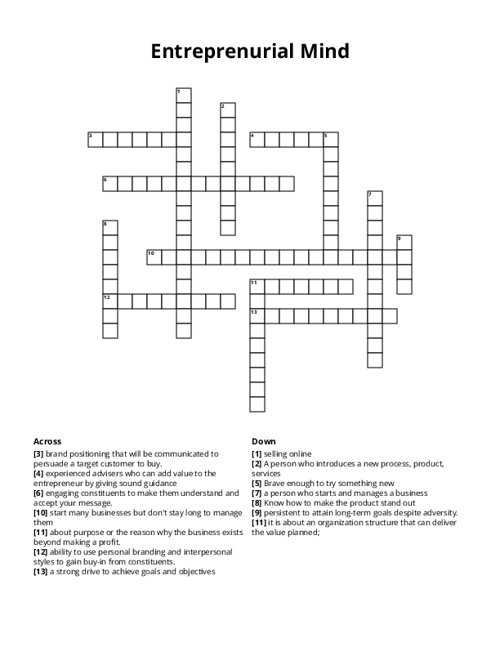 Entreprenurial Mind Crossword Puzzle