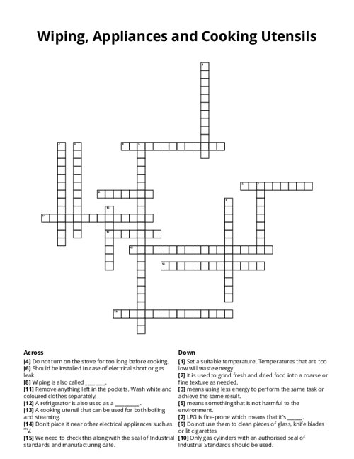 Wiping, Appliances and Cooking Utensils Crossword Puzzle
