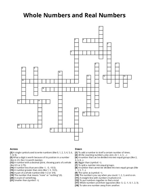 Whole Numbers and Real Numbers Crossword Puzzle