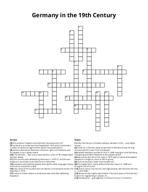 Germany in the 19th Century Crossword Puzzle