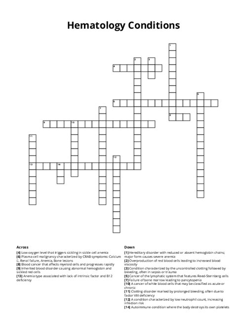 Hematology Conditions Crossword Puzzle
