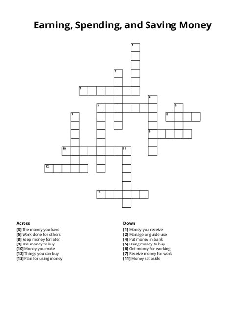 Earning, Spending, and Saving Money Crossword Puzzle