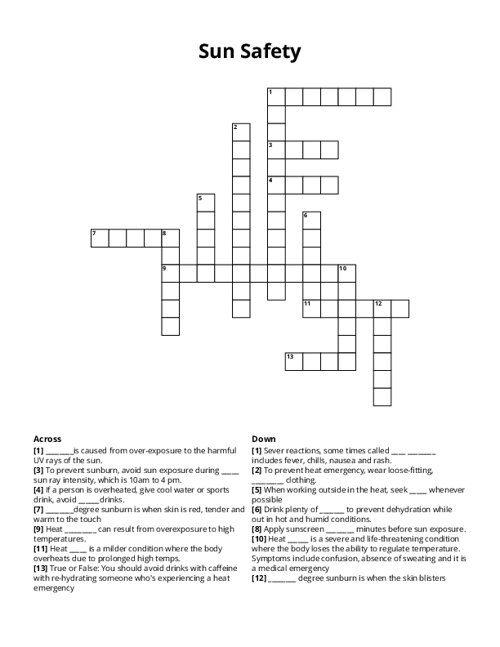 Sun Safety Crossword Puzzle