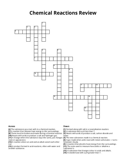 Chemical Reactions Review Crossword Puzzle