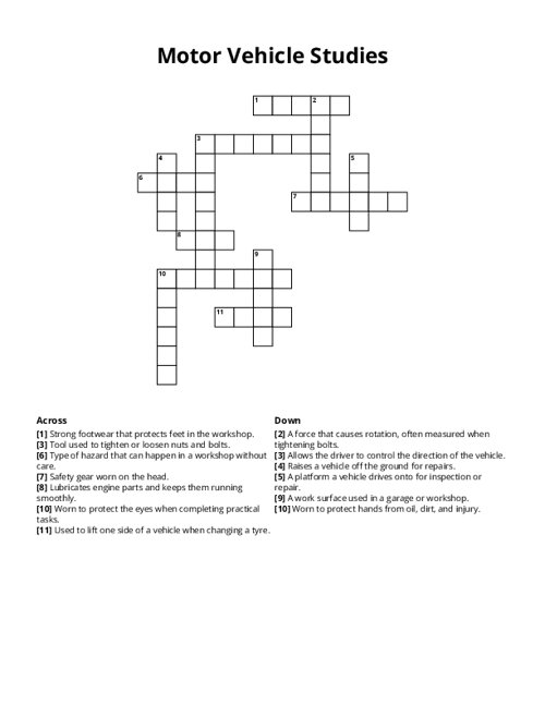 Motor Vehicle Studies Crossword Puzzle