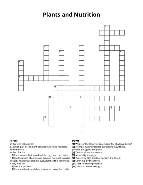 Plants and Nutrition Crossword Puzzle
