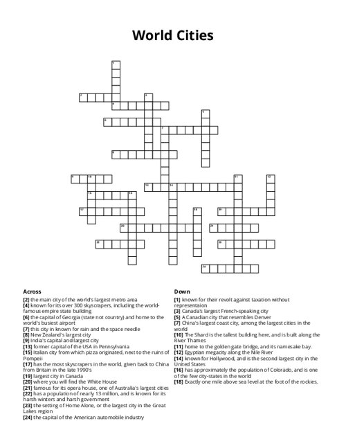 World Cities Crossword Puzzle