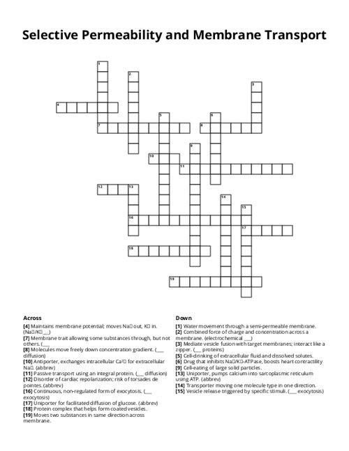 Selective Permeability and Membrane Transport Crossword Puzzle