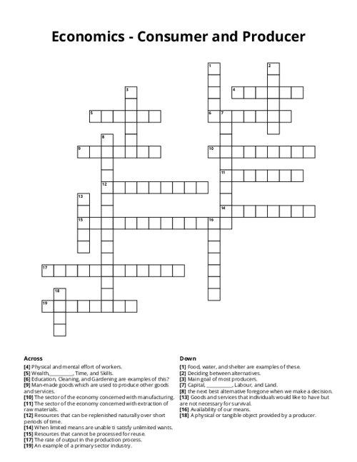 Economics - Consumer and Producer Crossword Puzzle