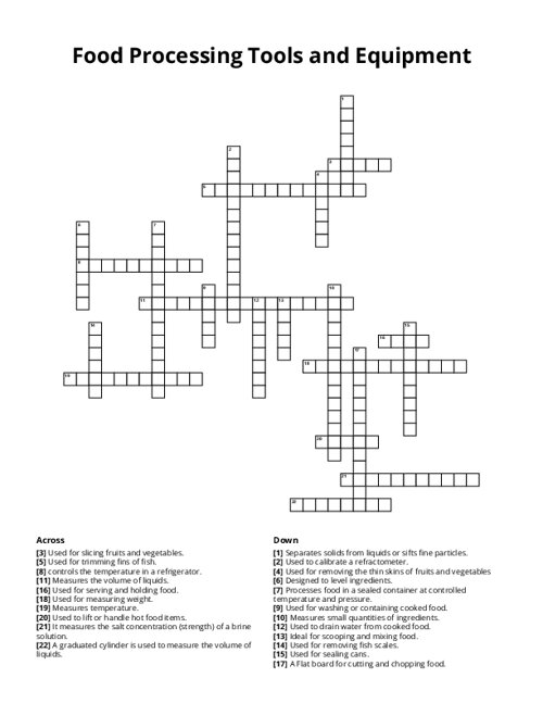 Food Processing Tools and Equipment Crossword Puzzle