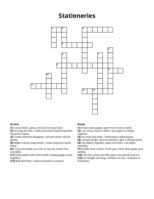 Stationeries Crossword Puzzle