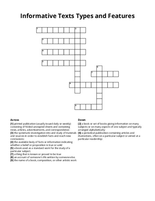 Informative Texts Types and Features Crossword Puzzle