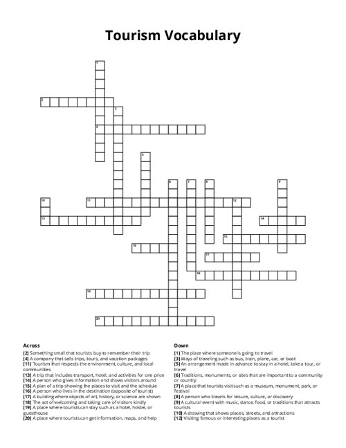 Tourism Vocabulary Crossword Puzzle