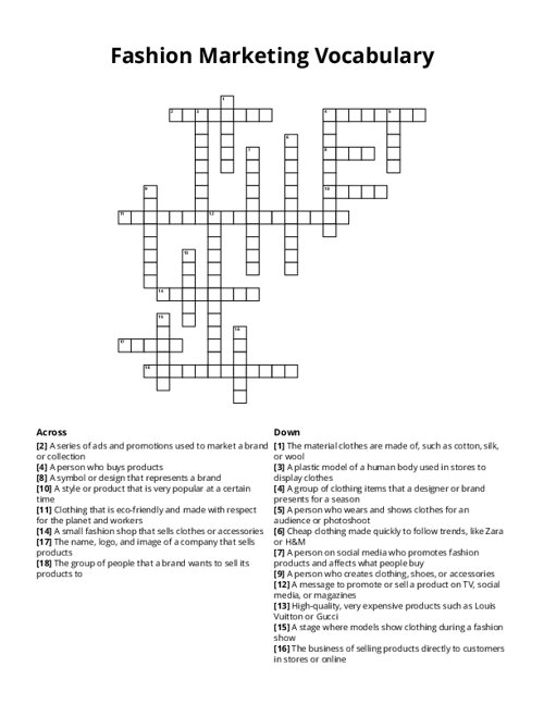 Fashion Marketing Vocabulary Crossword Puzzle