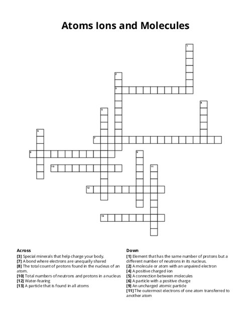 Atoms Ions and Molecules Crossword Puzzle