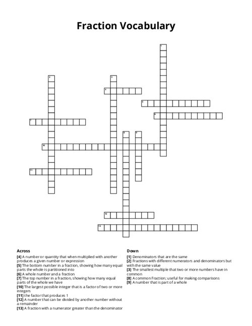 Fraction Vocabulary Crossword Puzzle