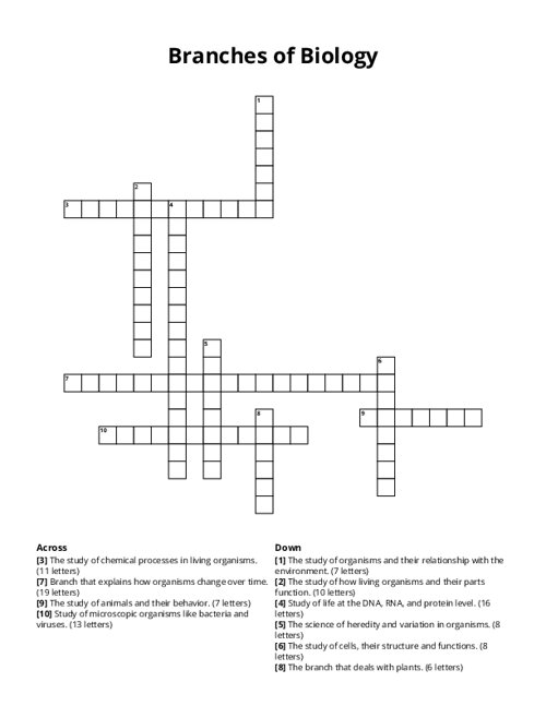 Branches of Biology Crossword Puzzle