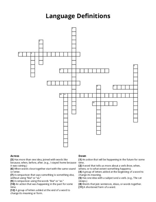 Language Definitions Crossword Puzzle