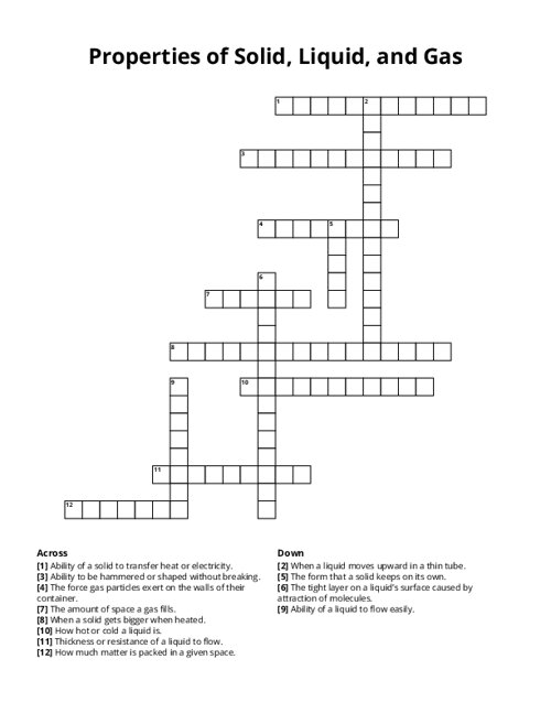 Properties of Solid, Liquid, and Gas Crossword Puzzle