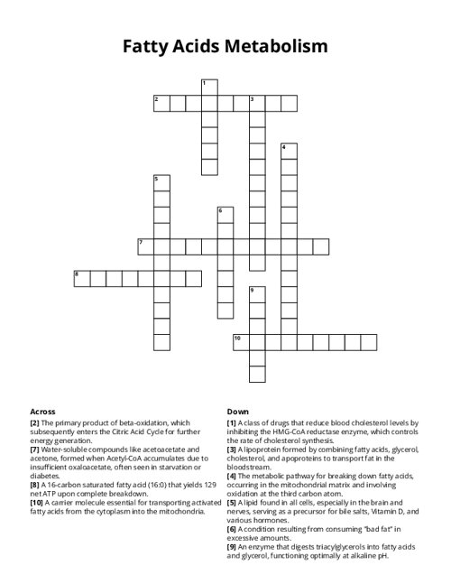 Fatty Acids Metabolism Crossword Puzzle