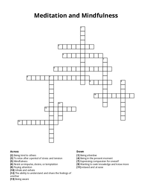 Meditation and Mindfulness Crossword Puzzle