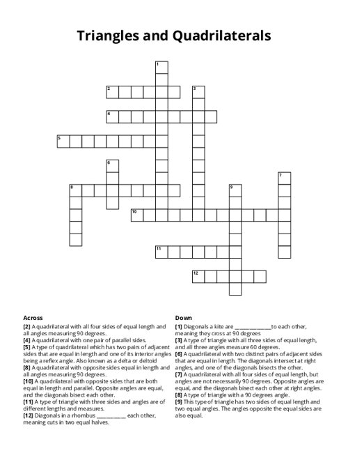 Triangles and Quadrilaterals Crossword Puzzle