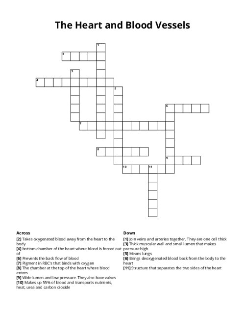 The Heart and Blood Vessels Crossword Puzzle