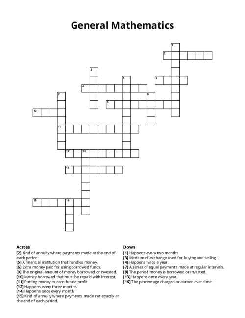 General Mathematics Crossword Puzzle