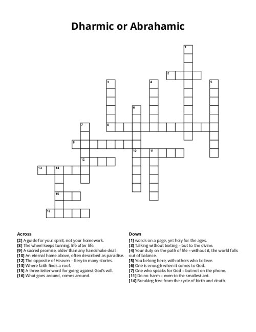 Dharmic or Abrahamic Crossword Puzzle