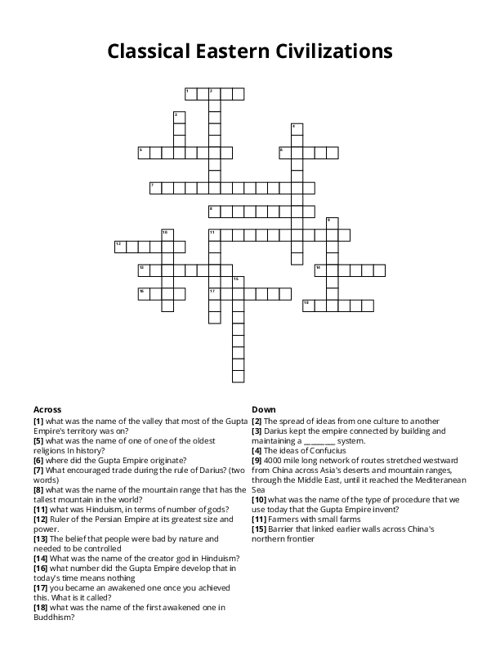 Classical Eastern Civilizations Crossword Puzzle