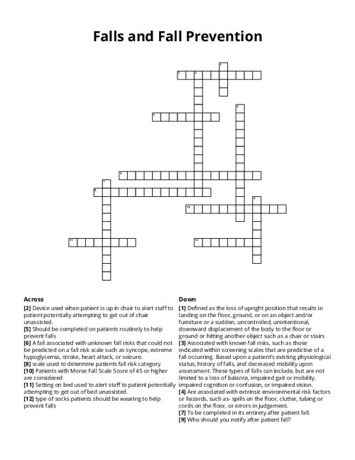 Falls and Fall Prevention Crossword Puzzle