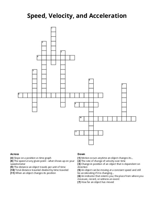 Speed, Velocity, and Acceleration Crossword Puzzle