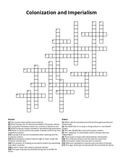 Colonization and Imperialism Crossword Puzzle